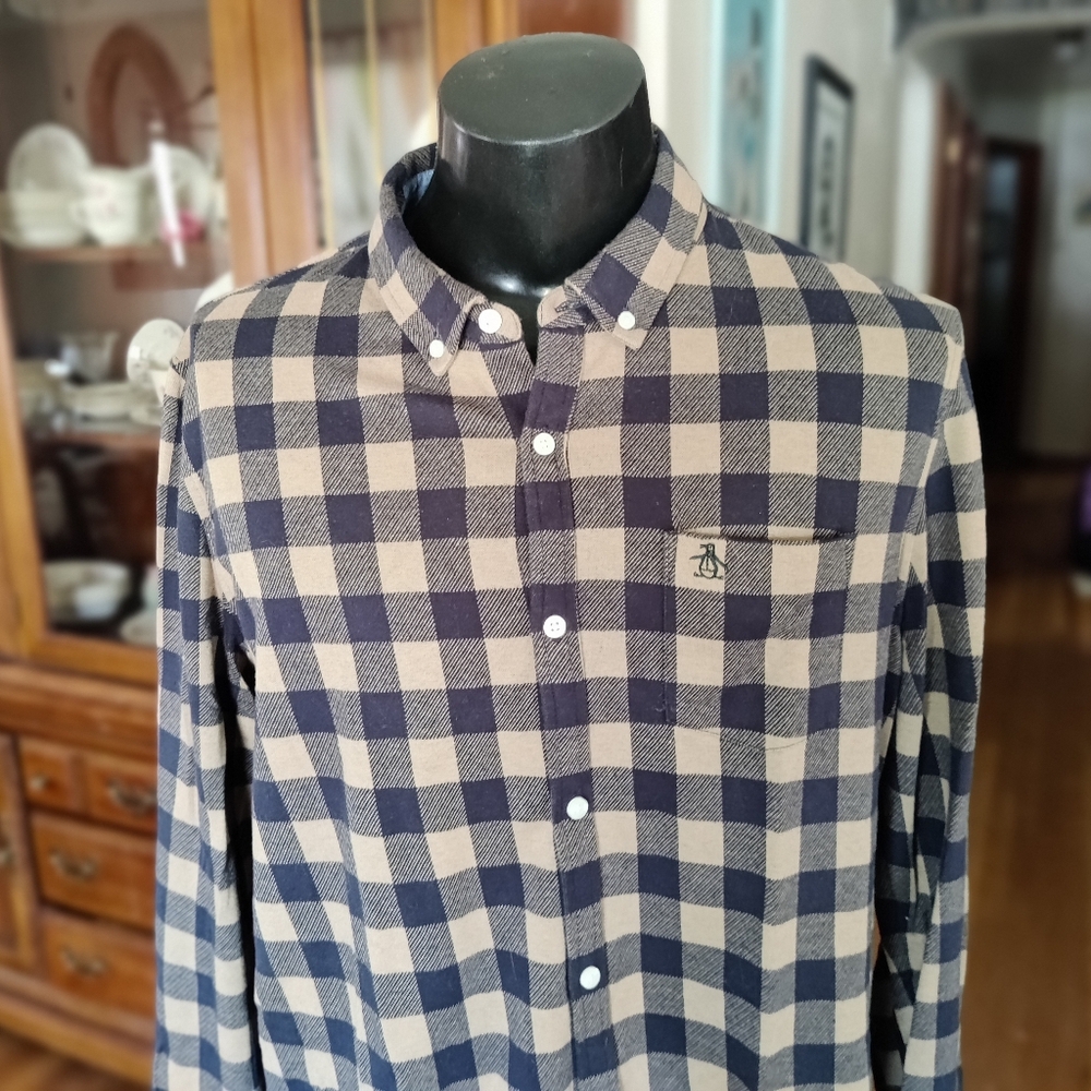 Original Penguin Men's Navy and Tan Checkered Shirt Size XXL